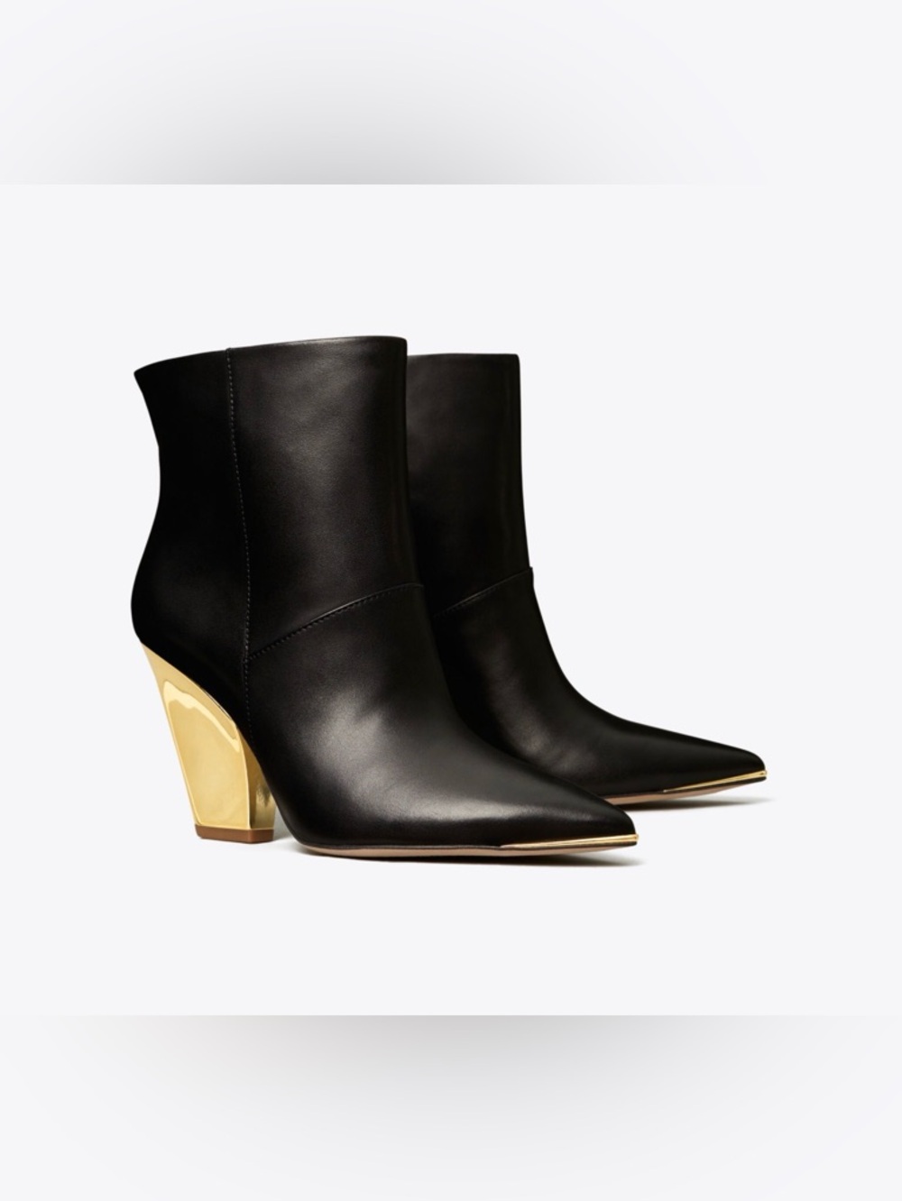 Tory Burch Black Leather Pointed-Toe Lila Ankle Boots with Gold Heel 6.5M
